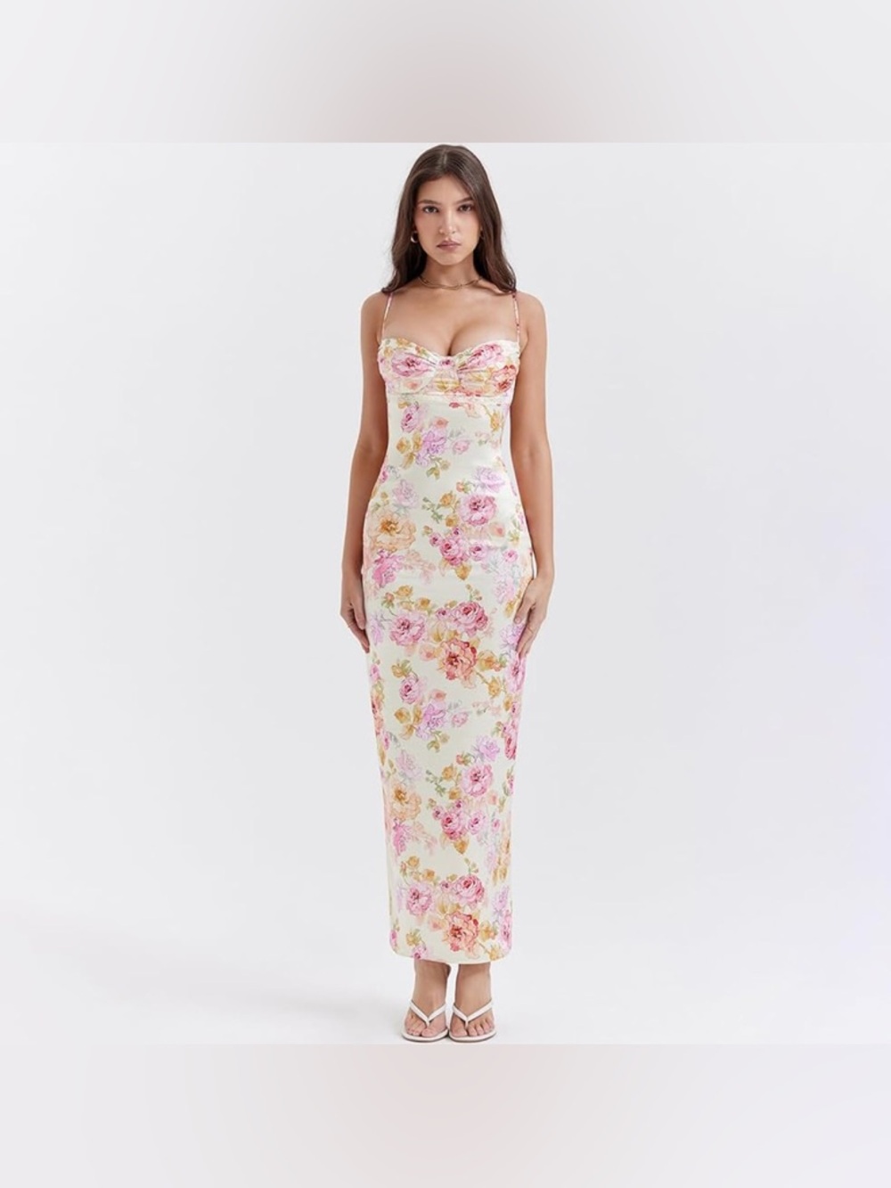 Pink and White Floral Satin Maxi Dress